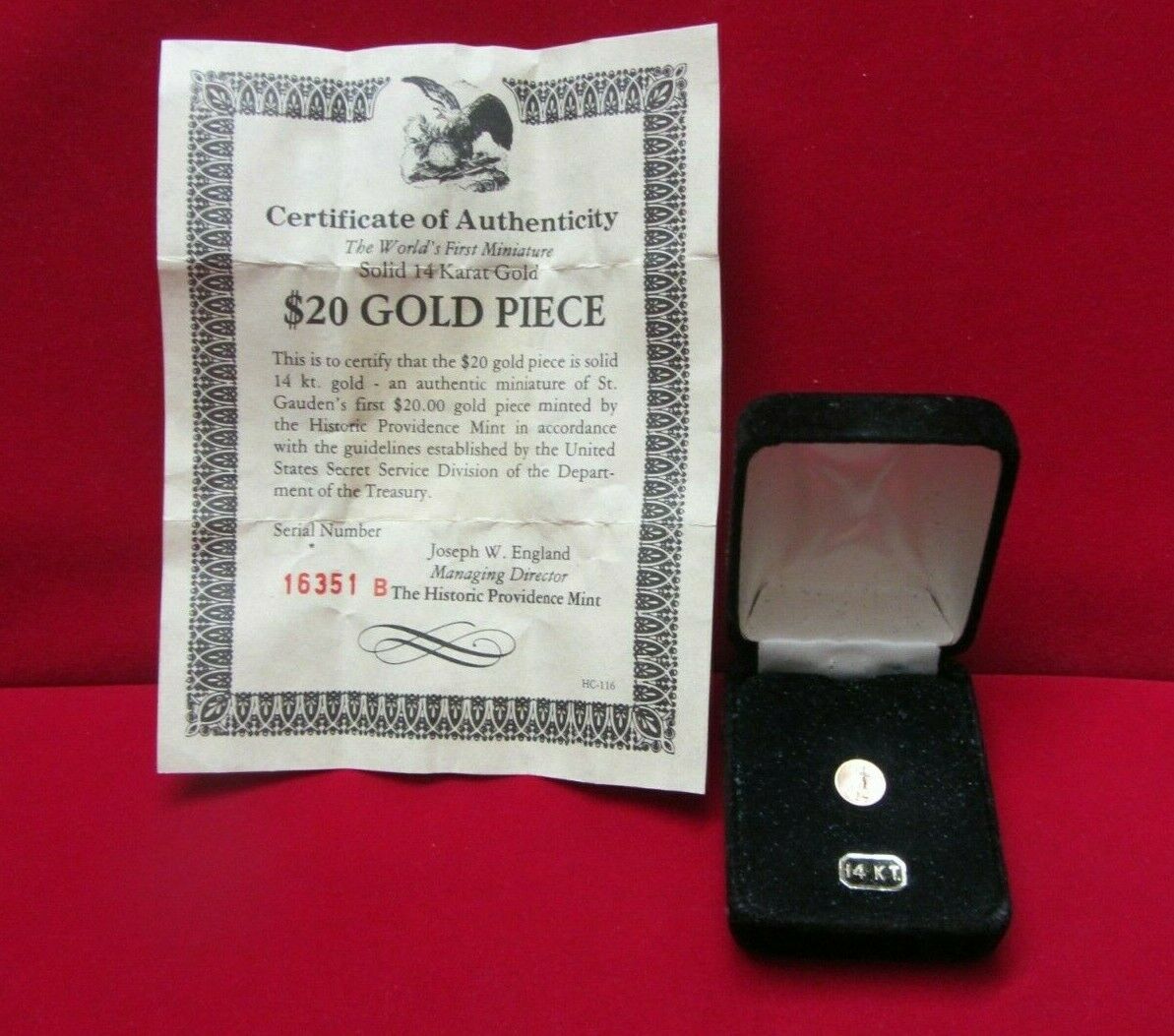 14k Gold Mini $20 Gold Piece - Historic Providence Mint - In Display Box W/coa