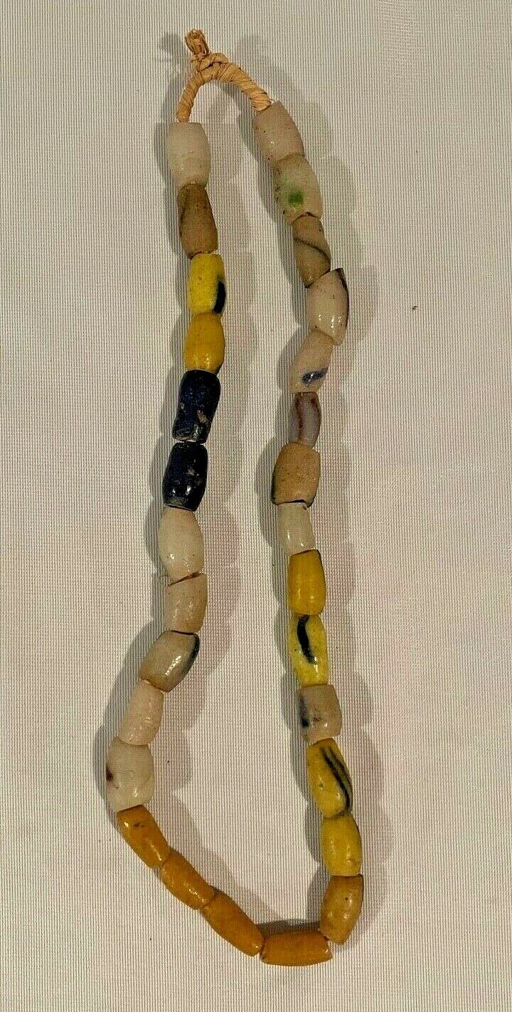 Vintage African Trade Beaded Necklace Yellow White Blue Glass 29 Beads 🦋