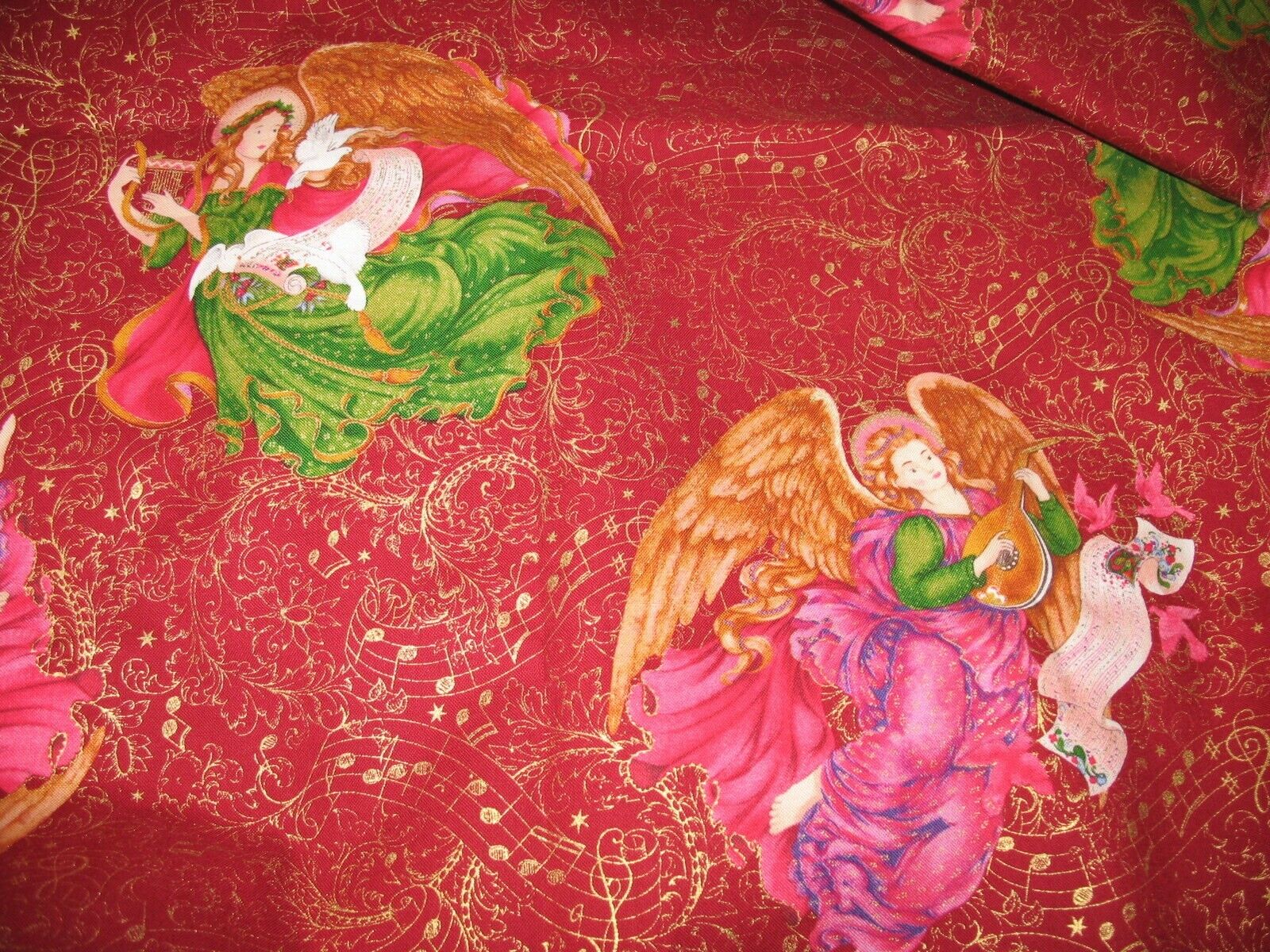 Vintage 80's Christmas Cotton Fabric Old World Style Angels 19" X 56"