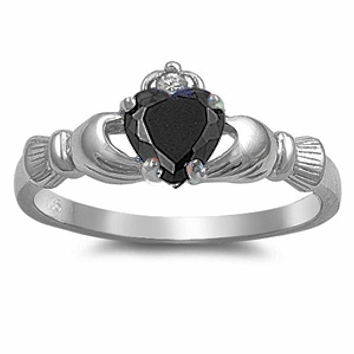 Black Cubic Zirconia Claddagh Ring Sterling Silver