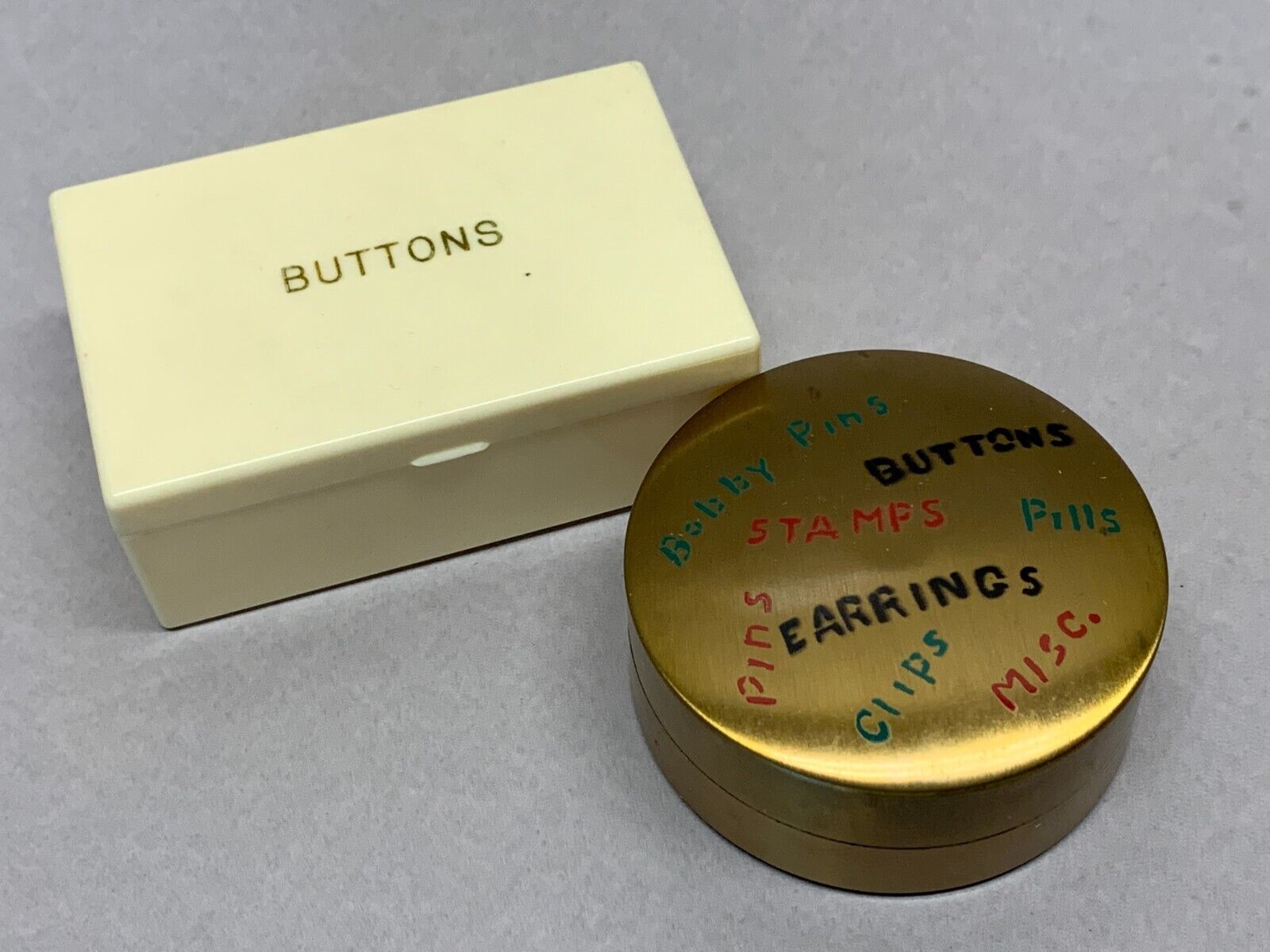 Lot Of 2 Empty Button Boxes Celluloid Brass Vintage Sewing Catchall Collectibles
