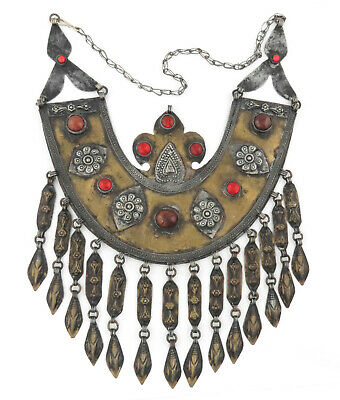Huge Vintage Turkemen Ethnic Bib Necklace W/ Stones &  Dangles