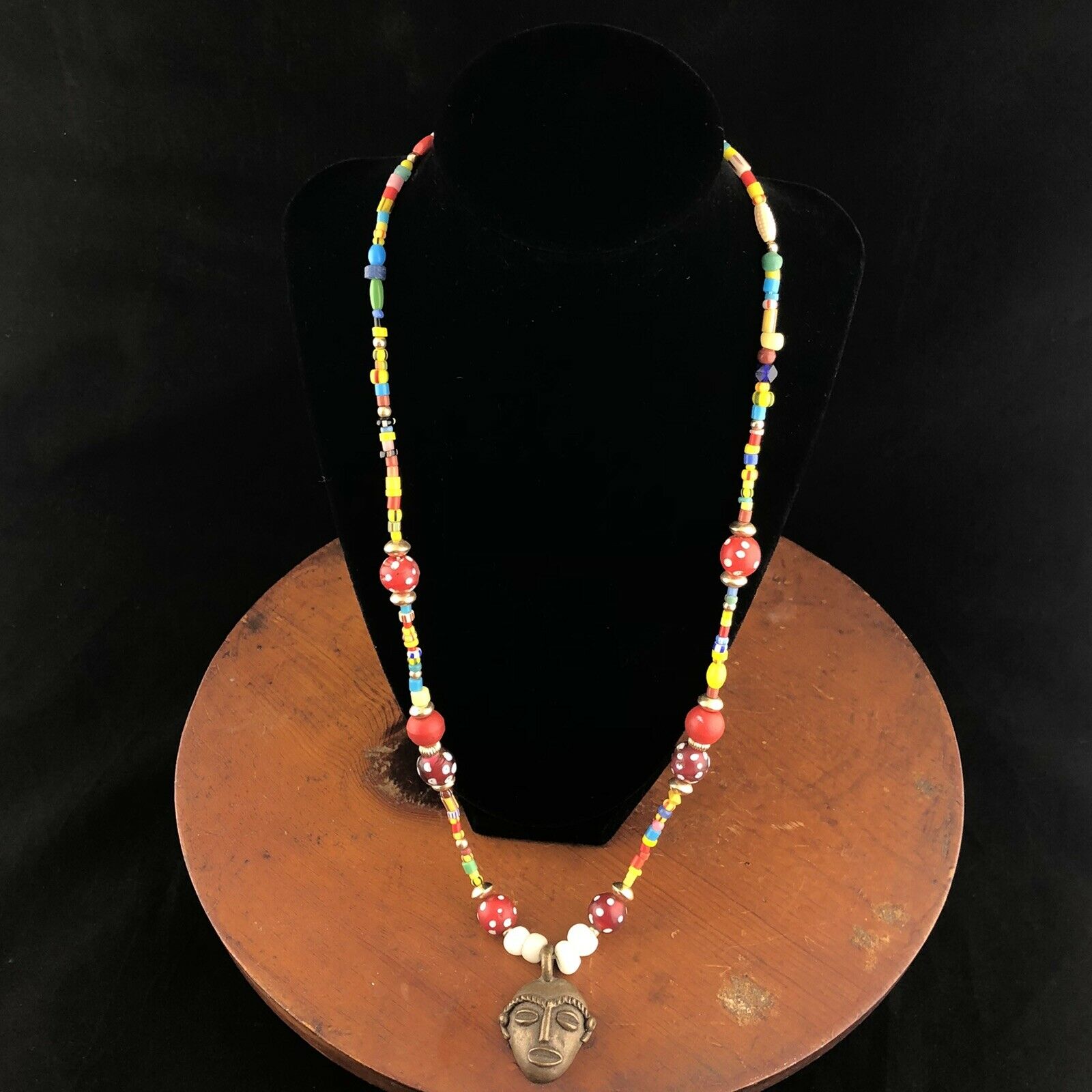 Vtg African Trade Krobo Bead Necklace Brass Amulet Mask Face Pendant Glass 25"
