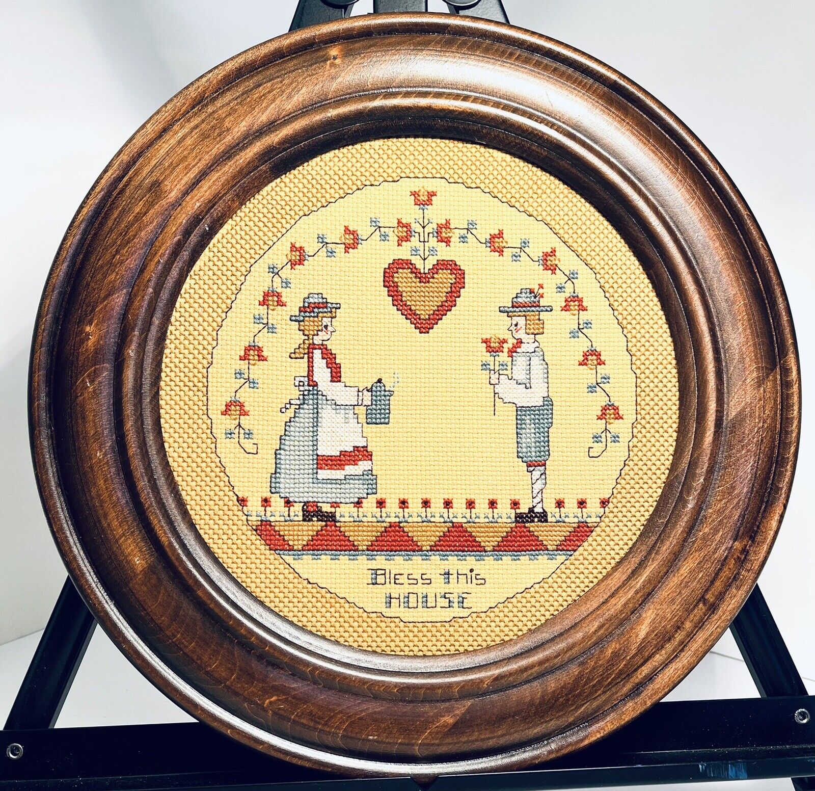 Bless This House Nordic Cross Stitch Hand Sewn Vintage Folk Art Round Frame